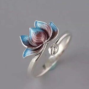 NWT Silver Plated Lotus Flower Ring Purple Blue Ring Adjustable